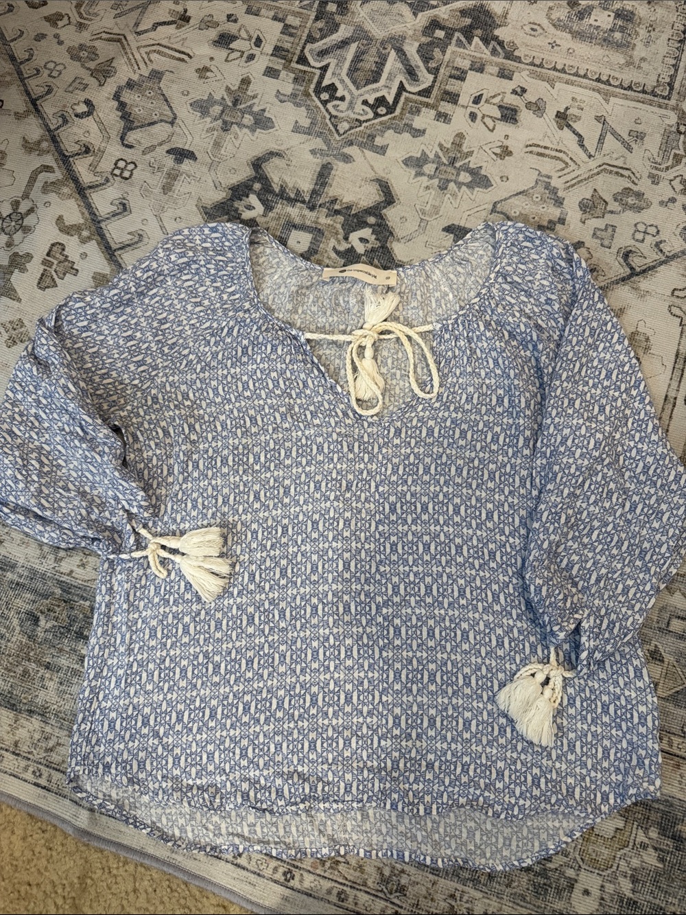 The Impeccable Pig XS Blue White Boho Tassel Tie Peasant Blouse